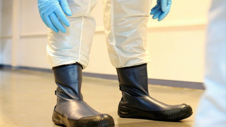 Detailed view of a cleanroom suit with builtin air filtration highlighting specialized gloves and footwear designed to minimize contamination during semiconductor production..の素材