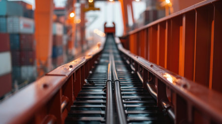 A closeup shot of a conveyor belt system smoothly transporting cargo containers onto a waiting ship demonstrating the efficiency of automated loading processesの素材