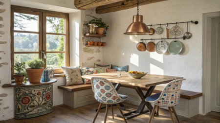 A quaint breakfast nook is nestled into a sunlit corner featuring a handcrafted table surrounded by mismatched ceramic chairs each showcasing playful patterns. Overhead a pot rack.の素材