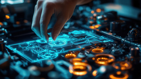 A closeup of a workers hand aligning components under the scrutiny of AR visuals that mark misalignment with vibrant colors to highlight the need for correctionの素材