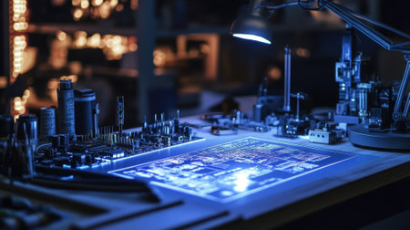 A closeup of an AR projection of a circuit layout projected onto a workbench combined with tools and components arranged for soldering blending virtual planning with handson exeionの素材