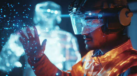 An employee wearing safety gear discussing safety protocols with a representative from a nearby training facility underscoring the importance of skills development within the locaの素材