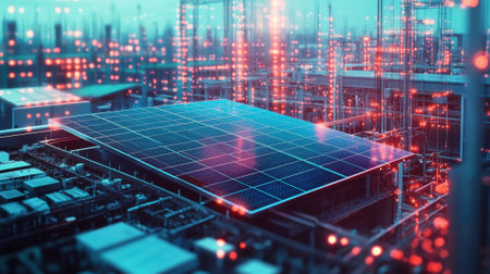 Magnified image of a solar panel installation on the roof of the microfactory providing renewable energy while juxtaposed with the busy manufacturing floor below illustrating selfsufficienの素材
