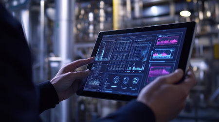 An intricate data visualization on a touchscreen illustrating realtime predictive trends for quality control and inventory management in manufacturing with AIdriven metrics fillinの素材