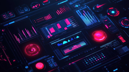 An illuminated graphical interface in a manufacturing environment monitoring realtime data flows and adjusted predictions with visual elements symbolizing AI decisionmakingの素材