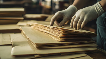 A closeup of a workers gloved hands meticulously stacking oversized envelopes reclaimed for reuse with textures highlighted by the factory lightingの素材