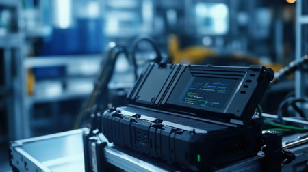 Close shot of a ruggedized laptop connected to a 5G network showcasing secure access protocols and encryption settings ideal for onsite industrial applications needing data protectionの素材