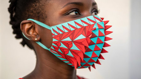 A dynamic portrait highlighting a subject with a radiant face mask in sharp red and cool turquoise. The masks geometric shapes stand out against the persons warm complexion exuding.の素材