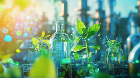 A vibrant assortment of biodegradable bioplastics each labeled with its renewable source showcased against a backdrop of factories utilizing modern green technologyの素材