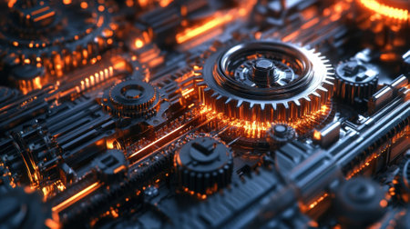 The intricate gears of a machine are illuminated with shimmering light trails representing the data being processed and transmitted showcasing the efficiency driven by 5G connectivityの素材