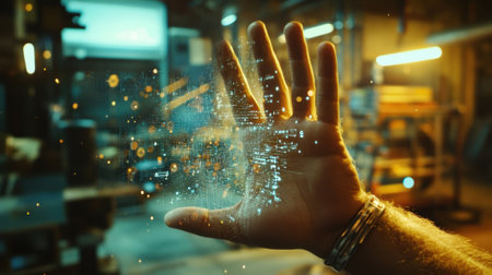 The hand of a laborer moving in front of augmented reality controls to adjust parameters related to machine efficiency with realtime feedback displayed in the air as overlaysの素材
