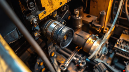 An inspection camera inserted into a complex machine assembly revealing internal components and their condition under low lightの素材