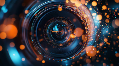 Closeup of a highdefinition camera lens capturing machinery in action with visual data feeds streaming as vibrant light rays emphasizing the role of 5G in enhancing surveillance anの素材