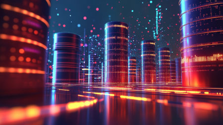 A view of barrels and storage tanks with animated data streams wrapping around them illustrating the tracking of inventory levels and operational data in real time via 5G networksの素材