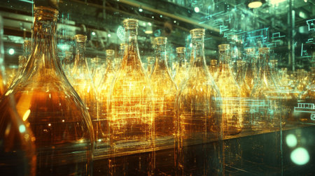 A collection of glass bottles awaiting transformation into new products sparkling under the factory lights surrounded by sketches illustrating their potential reuseの素材