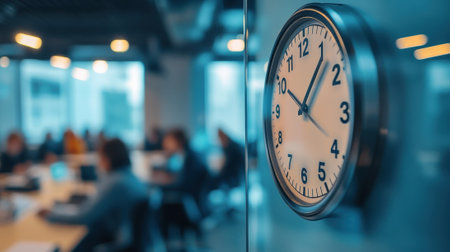 Clock showing almost half past two in busy office meeting roomの素材