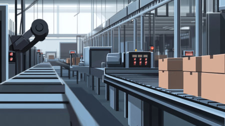 Robotic arm handling packages on automated assembly line in factoryの素材