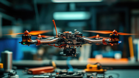 Drone hovering in workshop setting, showcasing manufacturing processの素材