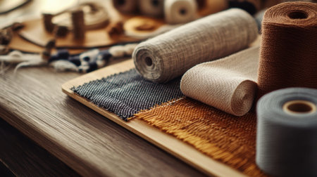 Colorful linen and cotton ribbons and spools on wooden table for textile manufacturingの素材