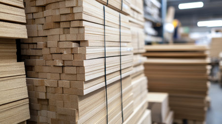 Stacks of tied lumber forming geometric pattern in warehouseの素材