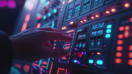 Dj adjusting audio mixing console in nightclub with colorful neon lightsの素材