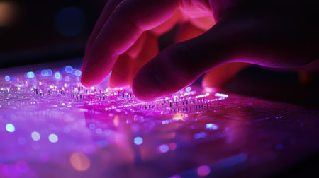 Engineer touching electronic circuit board, exploring futuristic technologyの素材