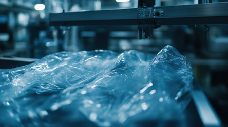 Automatic packaging machine applying plastic film on product in factoryの素材