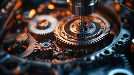 Automated industrial machine rotating gears with precision, creating complex mechanismの素材