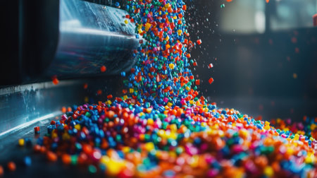Colorful plastic polymer granules falling from conveyor belt in factoryの素材
