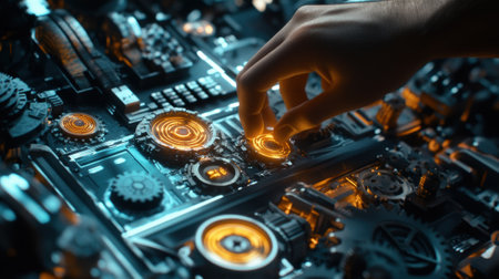 Technician operating complex futuristic machinery with glowing componentsの素材