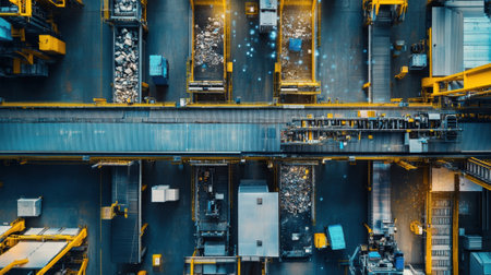 Industrial overhead conveyor belts transporting materials in modern factoryの素材