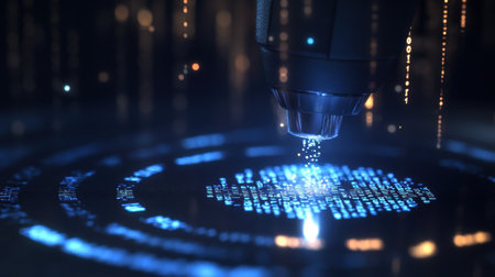 Futuristic device writing data on a digital surface with binary code raining downの素材