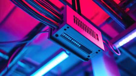 Network server rack with connected cables and flashing lights illuminating the scene with vivid colorsの素材