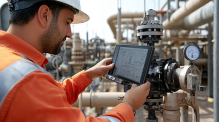 Engineer using digital tablet monitoring pipeline operationsの素材
