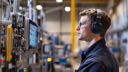Engineer wearing headphones and safety glasses monitoring production line data on computer screenの素材