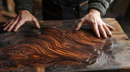 Carpenter showing finished wood panel with beautiful grainの素材