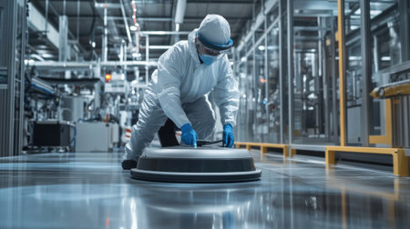 Technician preparing modern floor cleaning robot in high tech factoryの素材