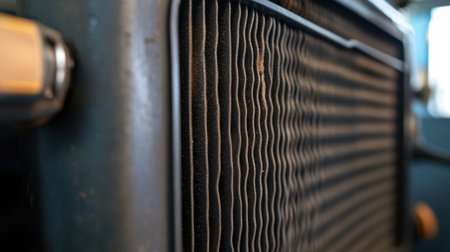 Dirty car radiator grille showing overheating engine problemsの素材