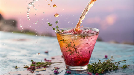 A closeup of a swirling vibrant drink captured midpour the colorful liquid catching the light and creating an artistic splash. Small bits of herbs float in the drink.の素材