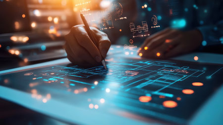 Engineer drawing futuristic blueprint on digital tablet using augmented realityの素材