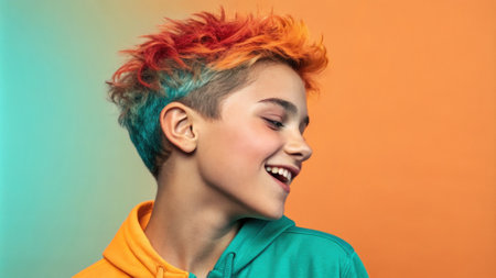 A captivating image of a teenager with vibrant energy their face bathed in a gradient that flows from a bright tangerine at the forehead down to a soft calming teal at the chin.の素材