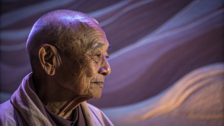 A closeup of an elderly mans wise face gently illuminated by soft violet neon. The abstract background features flowing shapes in calming earth tones that suggest depth and a rich.の素材