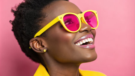 A closeup of a person wearing brilliant yellow glasses with mirrored neon pink lenses. Their joyful expression shines through as the neon backdrop pulses with energy perfectly.の素材