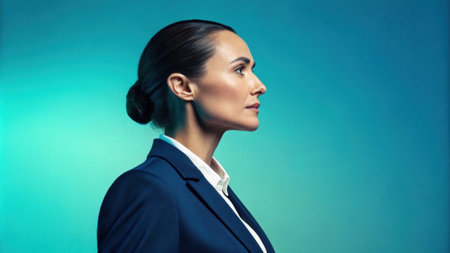 A confident businesswoman is captured in profile her sleek hair pulled back. The gradient ranges from a cool teal at the top to a rich navy at the bottom underscoring her.の素材