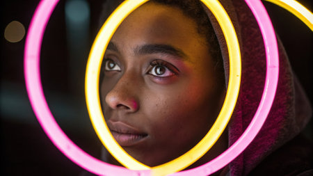 A captivating portrait depicting a person with luminescent pink and bright yellow double rings framing their eyes highlighting their expressive features and illuminating the.の素材