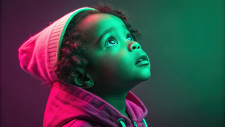 A child with wide eyes looks skyward entranced by the world above. Neon pink and green light catches the delicate features of their face showcasing an innocent wonder that invites.の素材