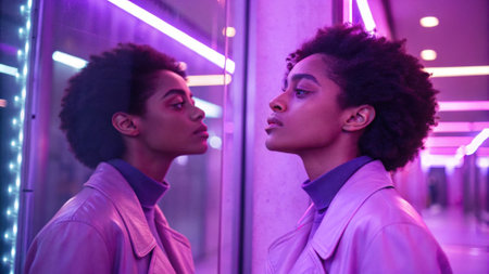 A captivating portrait captured with a double reflection enveloped in soft neon lavender hues. The blended images produce a dreamlike quality while vibrant highlights dance around.の素材