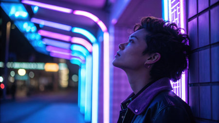 A contemplative side profile of an individual framed by glowing violet and blue neon lights. The soft illumination accentuates their thoughtful expression creating a serene.の素材