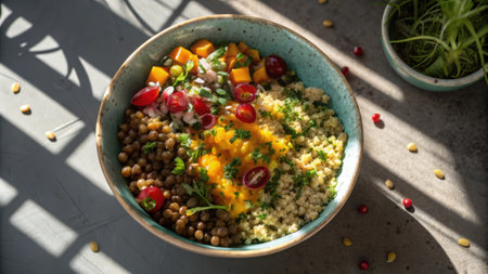 A dramatic overhead shot captures a bowl bursting with color where the textures of cooked lentils and fluffy quinoa dance in relationship. The assortment is garnished with a.の素材