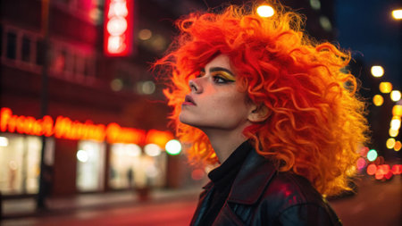 A captivating image of an individual with fiery orange hair dramatically highlighted by red and yellow neon lights. The warmth of the colors envelops them complementing their.の素材